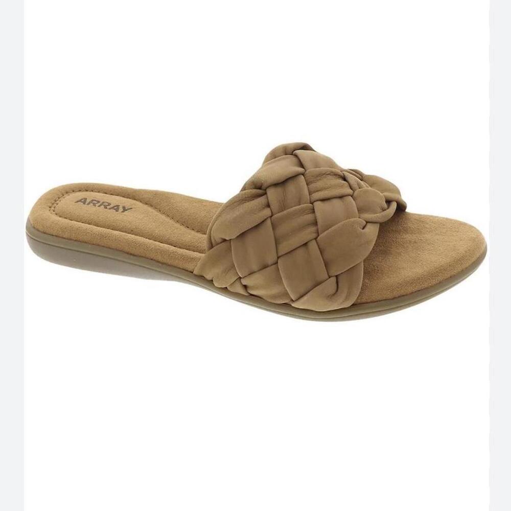 Array‎ Tan suede flat sandals with braided strap and cushioned footbed